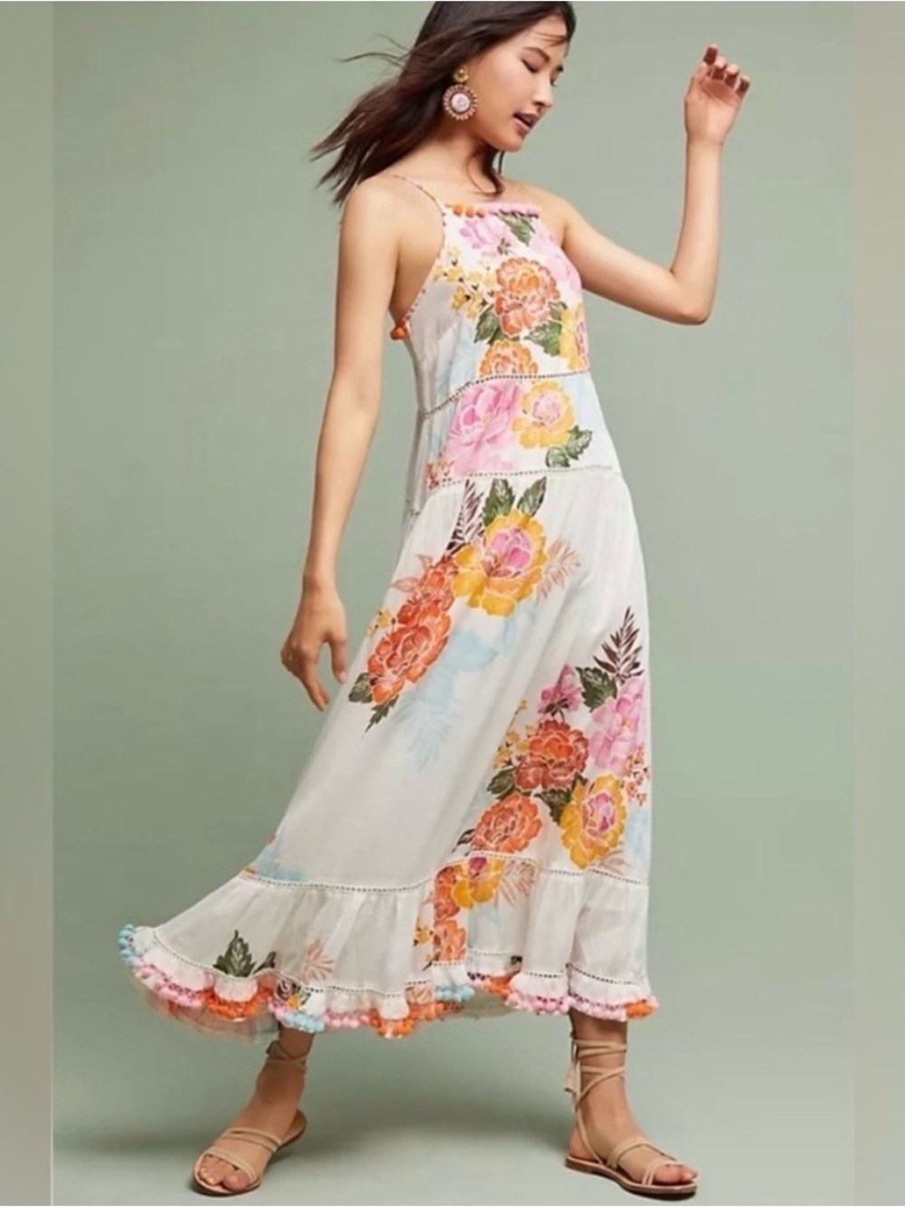 FARM Rio White Maxi Dress with Pink and Orange Floral Print